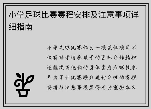 小学足球比赛赛程安排及注意事项详细指南